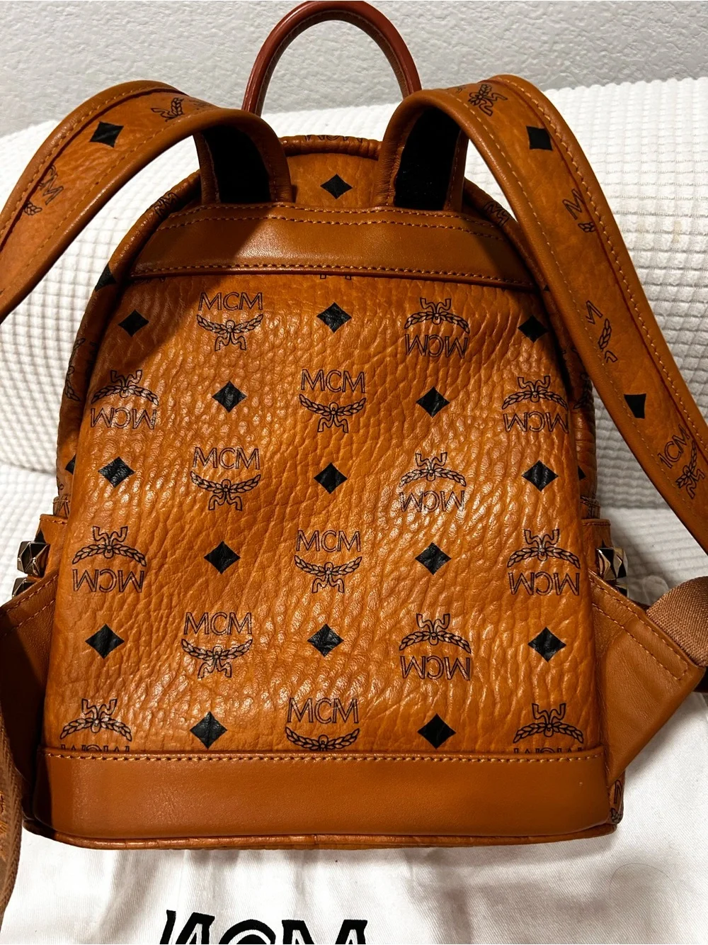 Authentic MCM Cognac Logo Gold Studded Mini Backpack Visetos